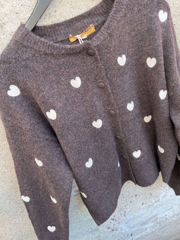 Cardigan med hjertemotiv, Chocolate og beige