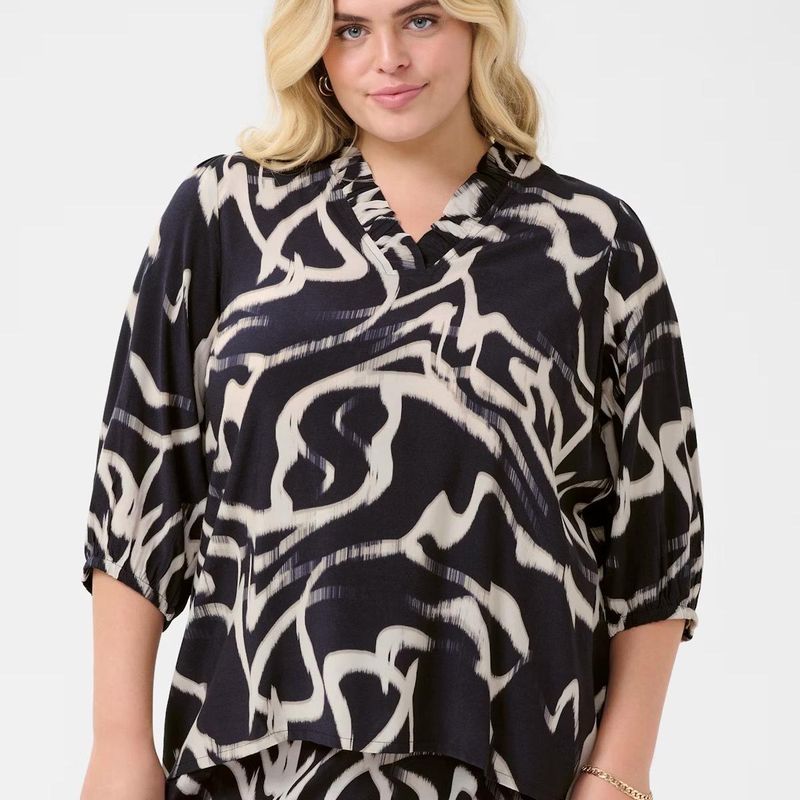 KC Maren Frill bluse, svart/beige mønstret