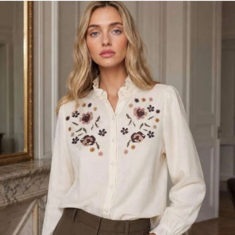 India bluse, Offwhite m/broderier
